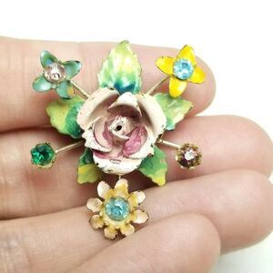 Vintage Enamel and Rhinestone Flower Cluster Brooch, Colorful Pastel Floral